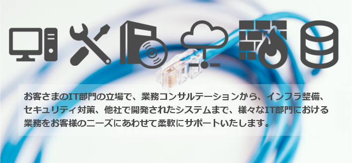 お客さまのIT部門の立場で、業務コンサルテーションから、インフラ整備、セキュリティ対策、他社で開発されたシステムまで、様々なIT部門における
業務をお客様のニーズにあわせて柔軟にサポートいたします。 お客さまのIT部門の立場で、業務コンサルテーションから、インフラ整備、
セキュリティ対策、他社で開発されたシステムまで、様々なIT部門における業務をお客様のニーズにあわせて柔軟にサポートいたします。